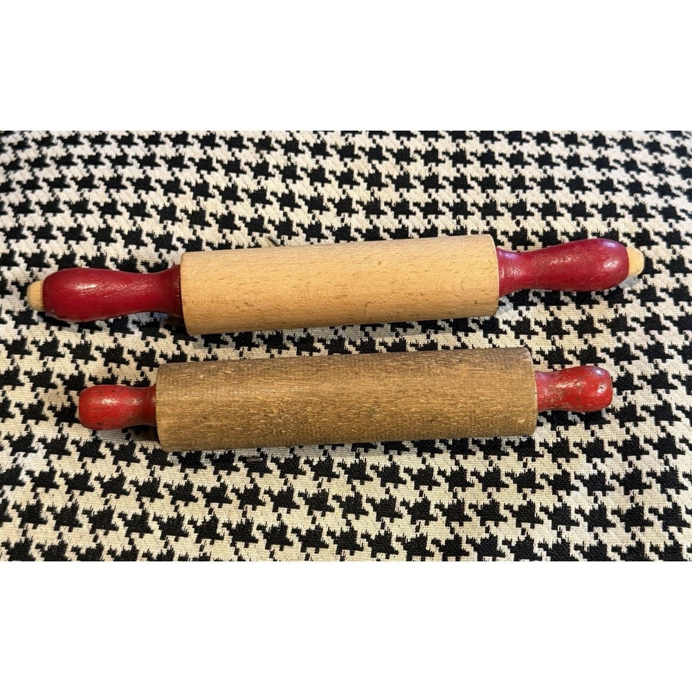 Vintage Mini Wooden Rolling Pins Lot 2 Red Handles Child Toy Kitchen Farmhouse